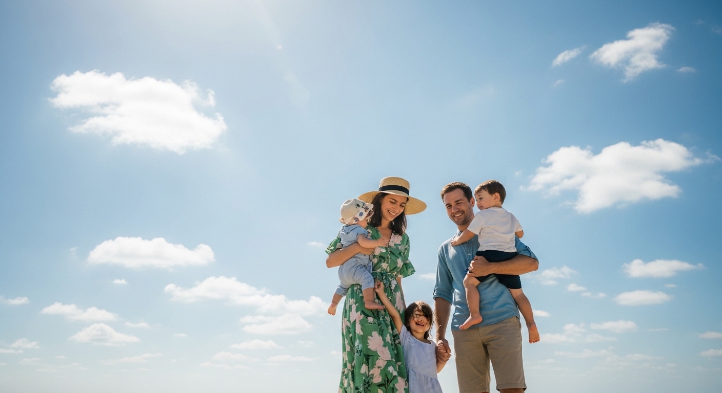 三重県の子育てしやすい街をイメージした、海沿いの散歩道で仲良く歩く日本人の親子。