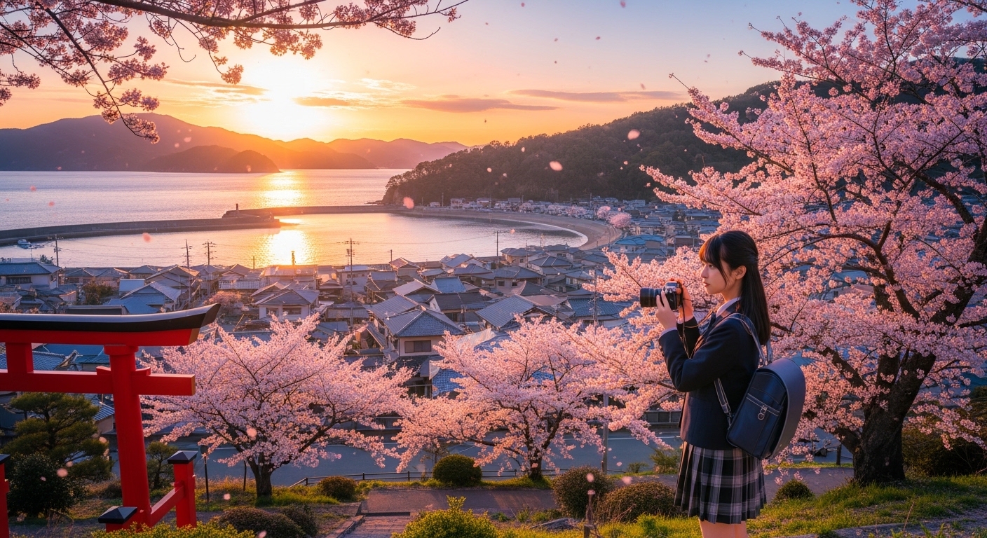 三重県のアニメ聖地、海岸沿いの町並み、聖地巡礼を楽しむ女子高生、青い海と山々の風景