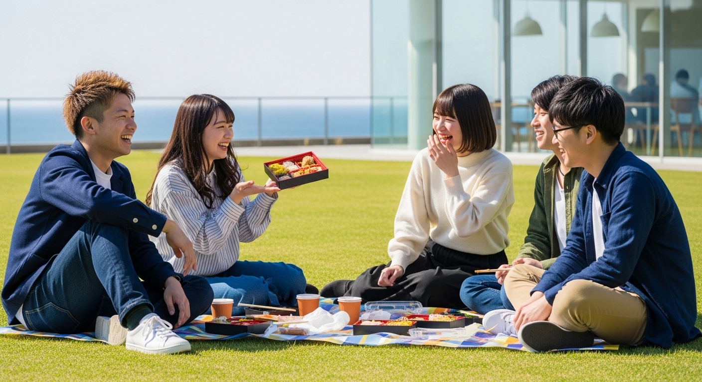 大学生におすすめの津市の遊び場、公園の芝生でピクニックを楽しむ日本の大学生グループ