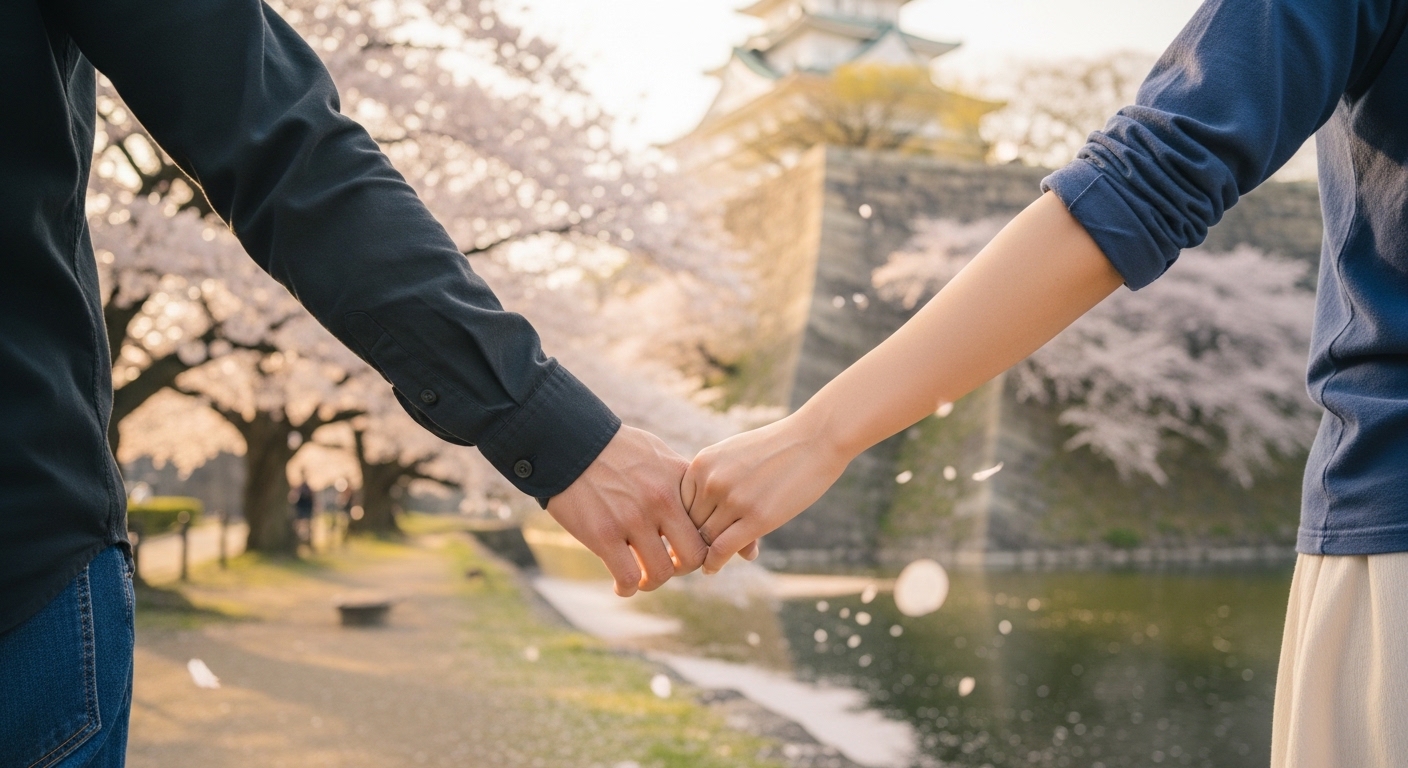 津市のデートスポット、津城跡の石垣と桜の木の下を手を繋いで歩く日本人カップル