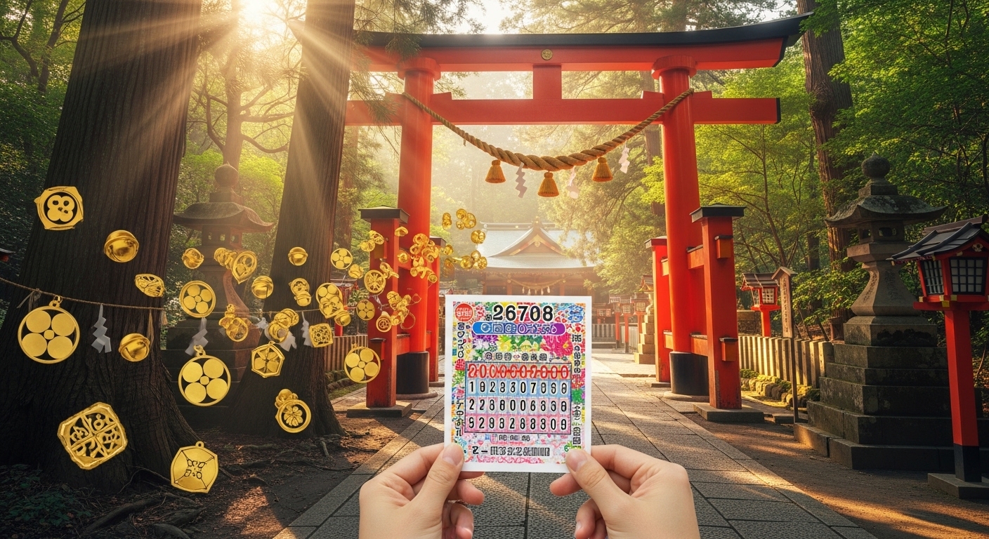 三重県の宝くじが当たる神社として有名な赤い鳥居の前で、宝くじを持って金運祈願をする様子