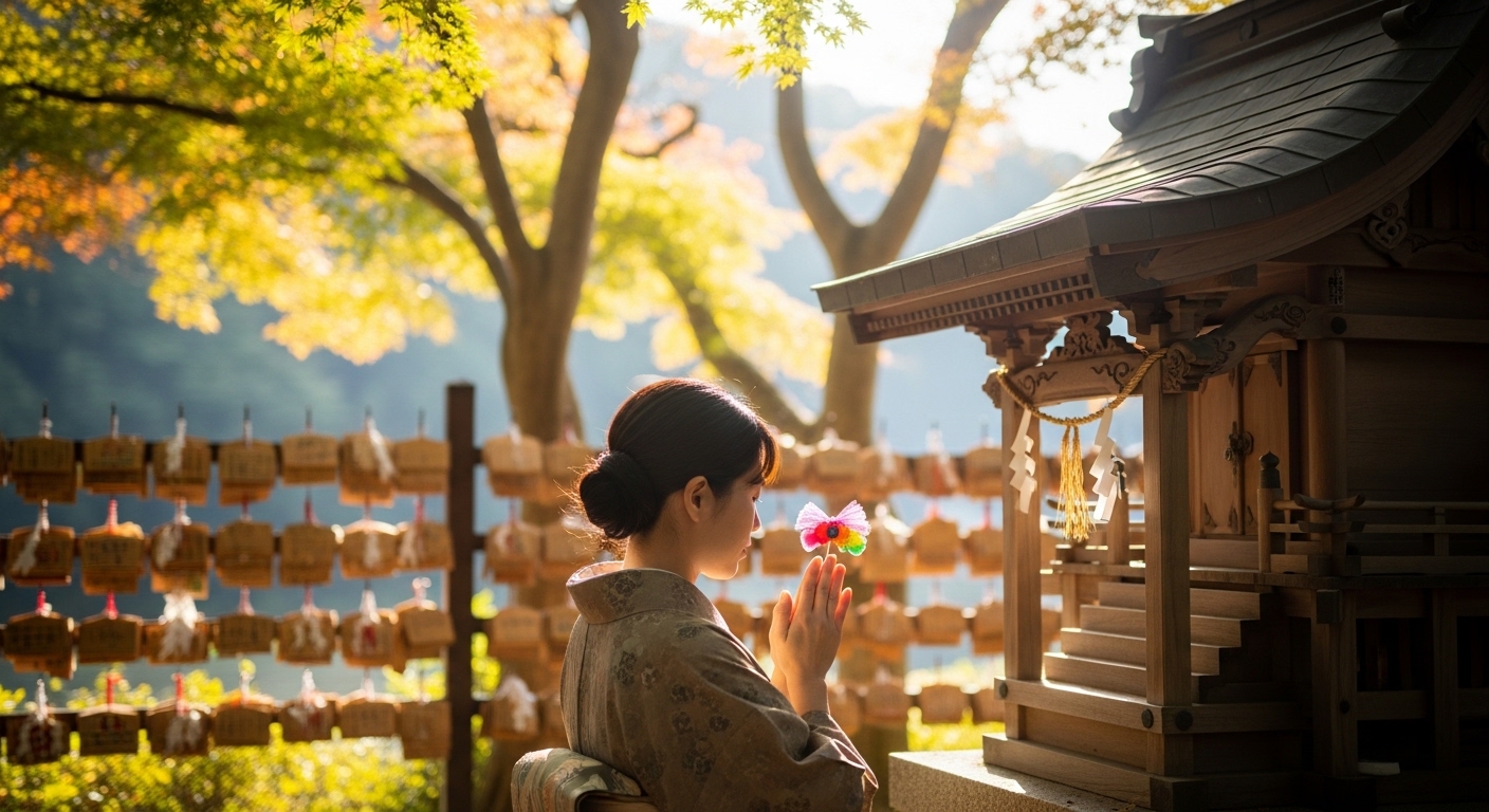 石神さんの願い事の期限を気にして、静かに祈る女性とお守り