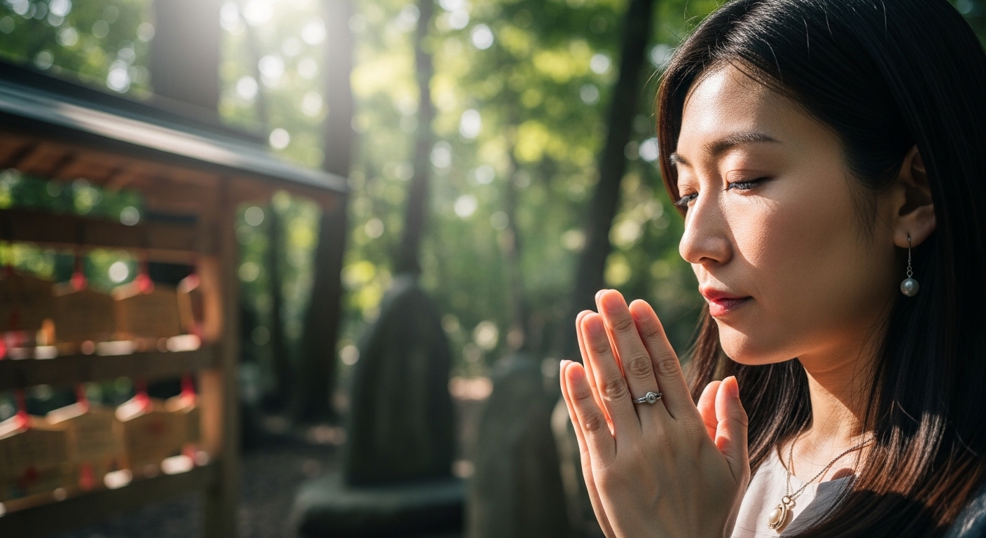 石神さんに呼ばれる人の特徴、神聖な空気の中で静かに祈る日本人女性