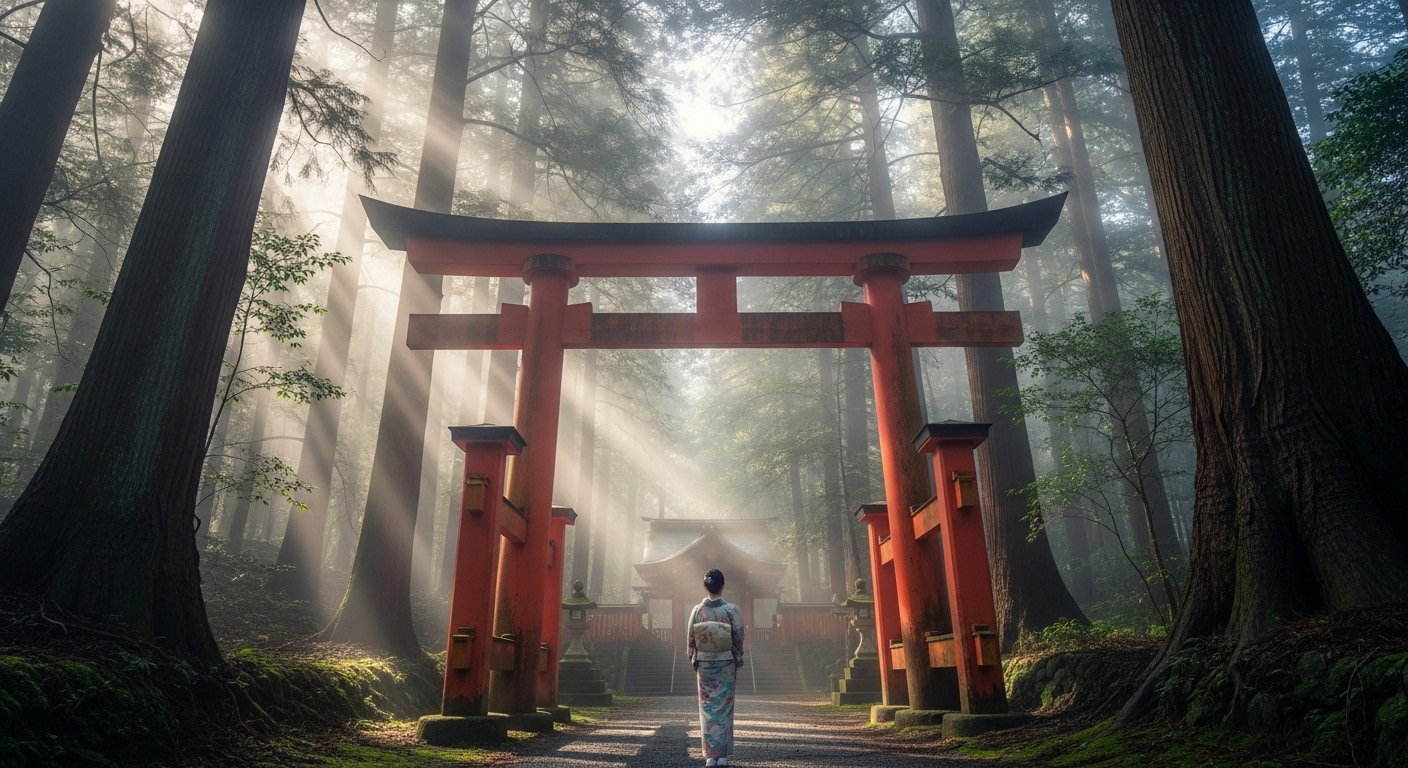 伊勢神宮に行ってはいけない人の特徴を考えながら、静寂な鳥居の前で佇む日本人女性