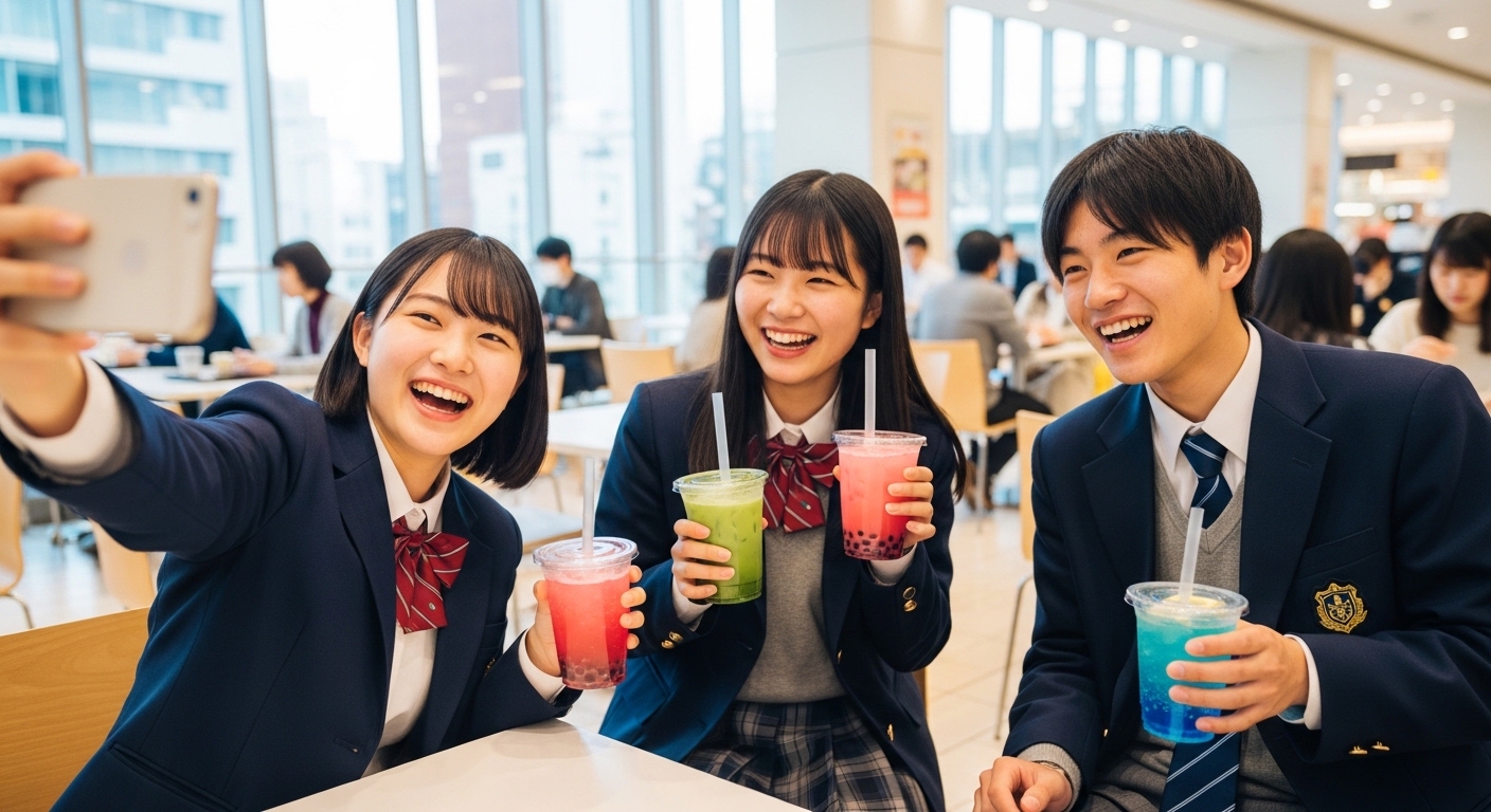 三重県の高校生向けの遊び場として人気のショッピングモールで自撮りを楽しむ制服姿の学生たち