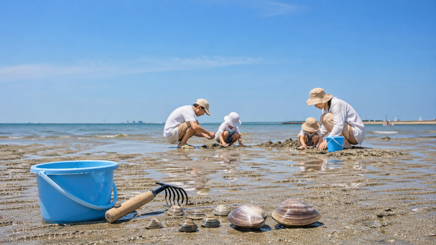 御殿場海岸で潮干狩りを楽しむ家族と遠浅の海