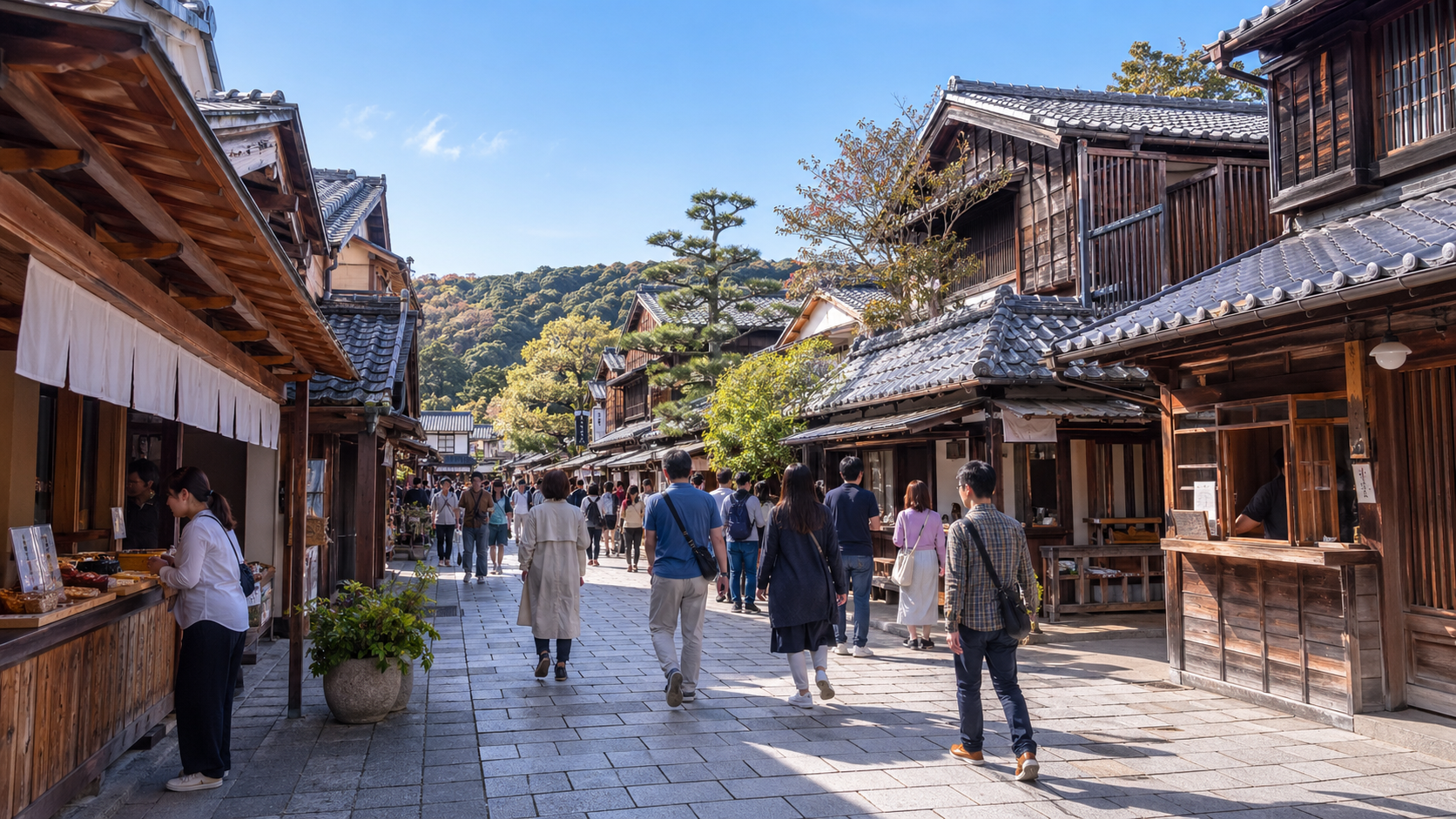 おかげ横丁の混雑を避けて町並みを楽しむ観光客